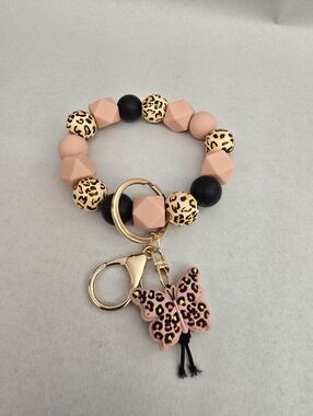 Pink and Leopard Beaded Bracelet Keychain with Butterfly Charm